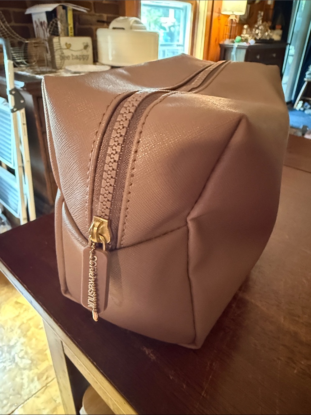 Sonia Kashuk Mauve Taupe Faux Leather Cosmetic Pouch with Gold Zipper